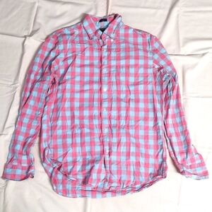 J Crew Men's Flex Washed Slim Button Up Long Sleeve Pink Gray Plaid Shirt M